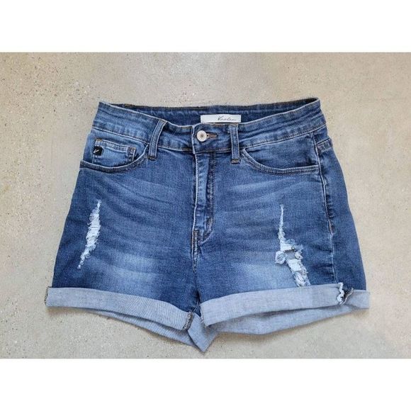 Kancan Denim Shorts Size 7/27 Distressed High Waist Stretchy Cuffed Medium Wash - Picture 7 of 7
